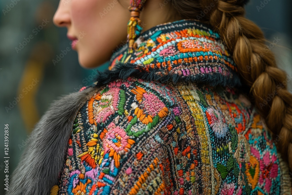 Obraz premium Close-up of a fashion model showcasing an intricately embroidered jacket with fur detailing and a stylish braided hairstyle