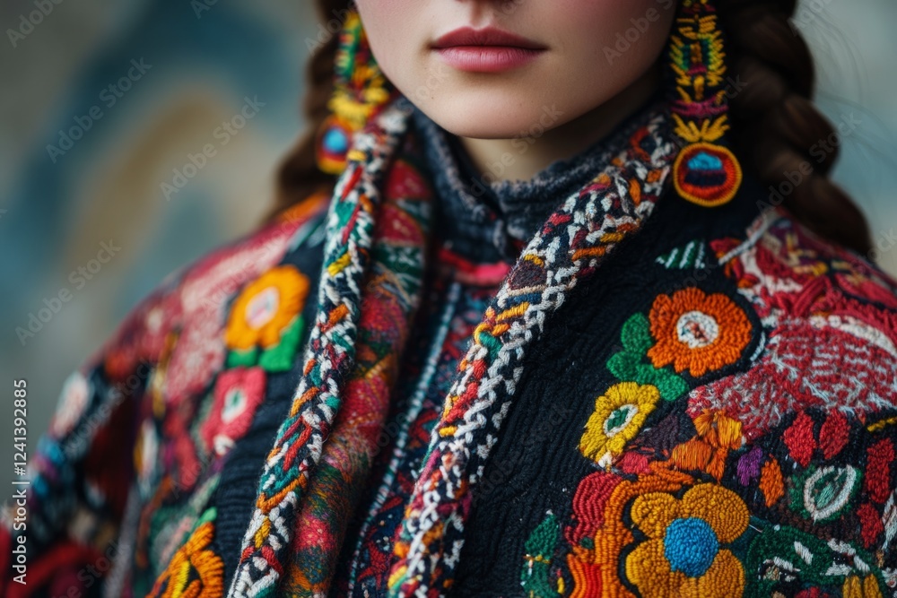 Obraz premium Close-up of a fashion model wearing traditional ukrainian embroidered clothing, showcasing intricate floral patterns
