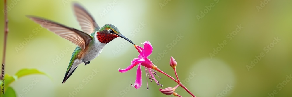 Fototapeta premium Hummingbird's Delight: Nectarous Encounter in a Floral Oasis