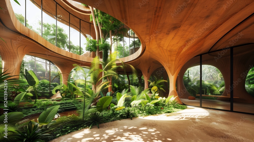 Obraz premium interior view of organically shaped wooden building with rounded corners and full-height glass windows