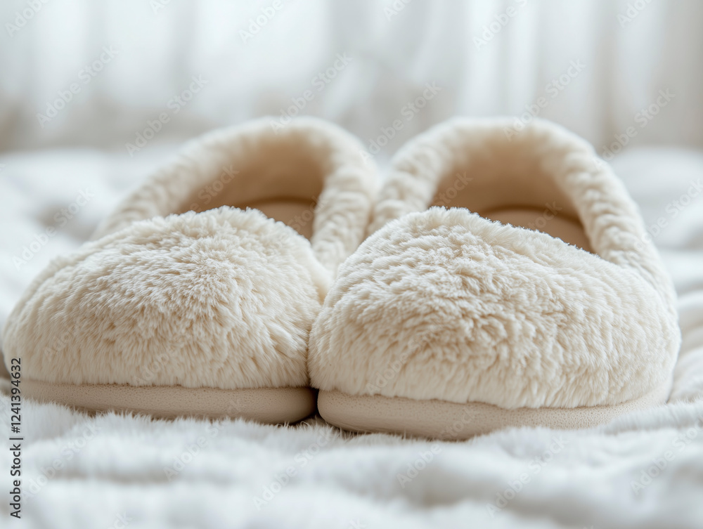 Detailed close-up of fluffy slippers on a pure white background for a modern advertising look. Detailed close-up of fluffy slippers on a pure white background for a modern advertising look.