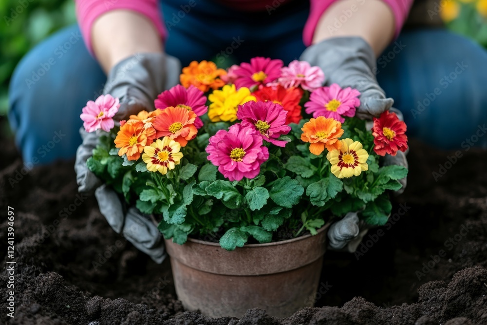 Gardener wearing gloves planting colorful cineraria flowers into rich dark soil Gardener wearing gloves planting colorful cineraria flowers into rich dark soil