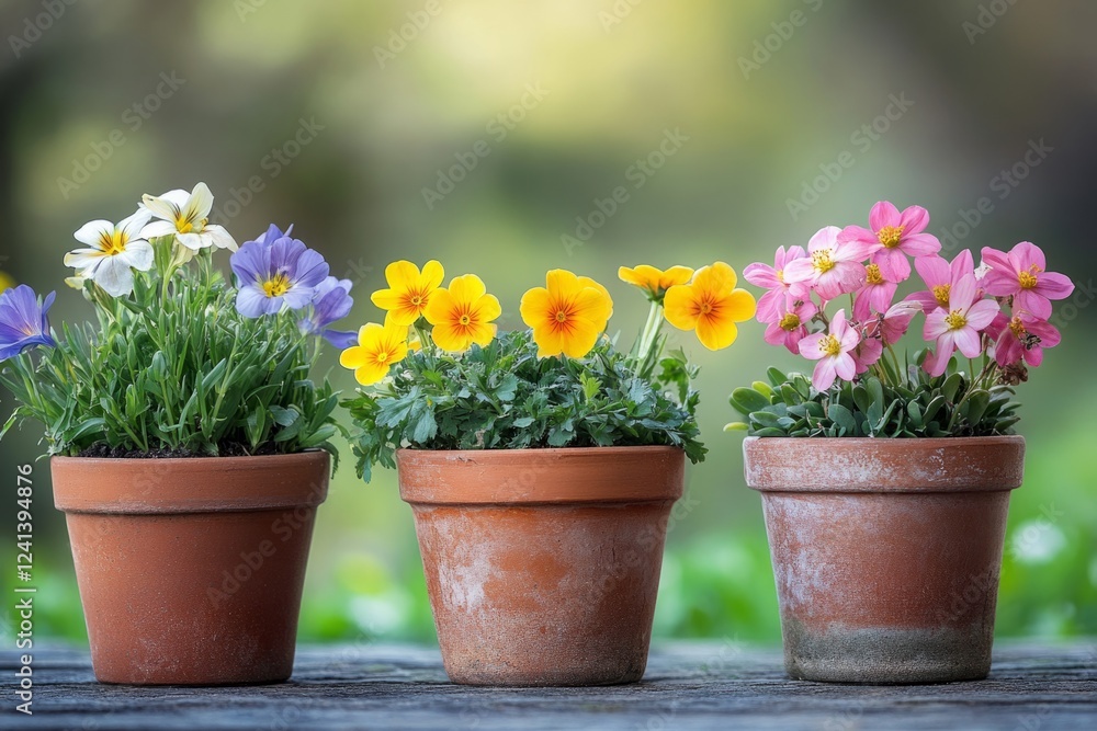 Vibrant flowers in terracotta pots adding a touch of color to a garden in spring Vibrant flowers in terracotta pots adding a touch of color to a garden in spring