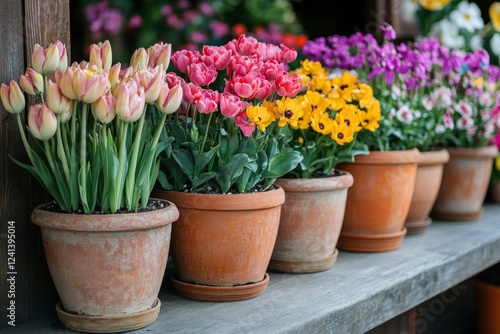 Wallpaper Mural Beautiful spring flowers growing in terracotta pots on display at a flower shop or garden center Torontodigital.ca