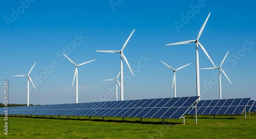Renewable Energy: Wind Turbines and Solar Panels in a Vibrant Green Field