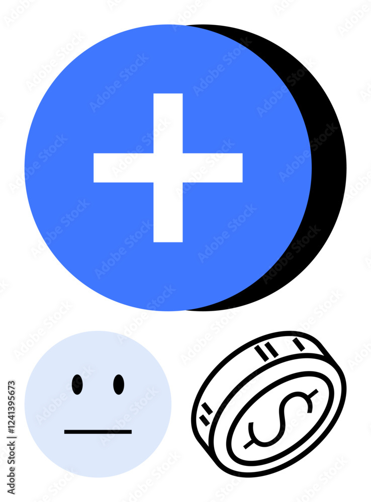 Obraz premium Large blue cross, neutral face icon, and a dollar coin. Ideal for financial growth, balancing aspects, economics, health improvement, positive outcomes decision making success. Line metaphor