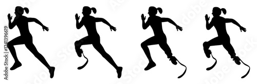 Woman running, woman with prosthesis, disabled athlete on prosthesis running silhouettes