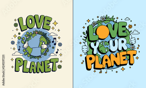 Love Your Planet T-Shirt Design - Colorful Graphic Featuring Earth and Nature Elements, Perfect for Environmentalists and Nature Lovers Promoting Sustainability and Care for the Earth