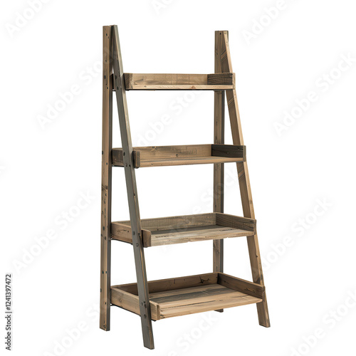 A wooden ladder shelf with four tiers for storage or display purposes. photo