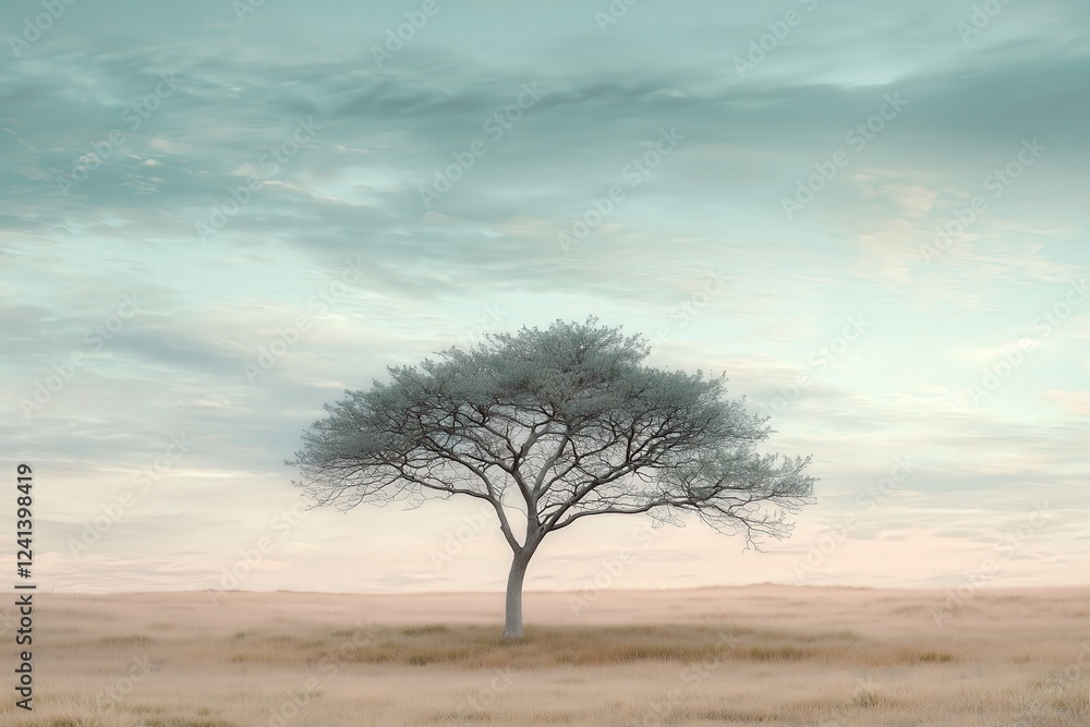 Lone tree in serene landscape under a vast pastel sky
Lone tree in serene landscape under a vast pastel sky