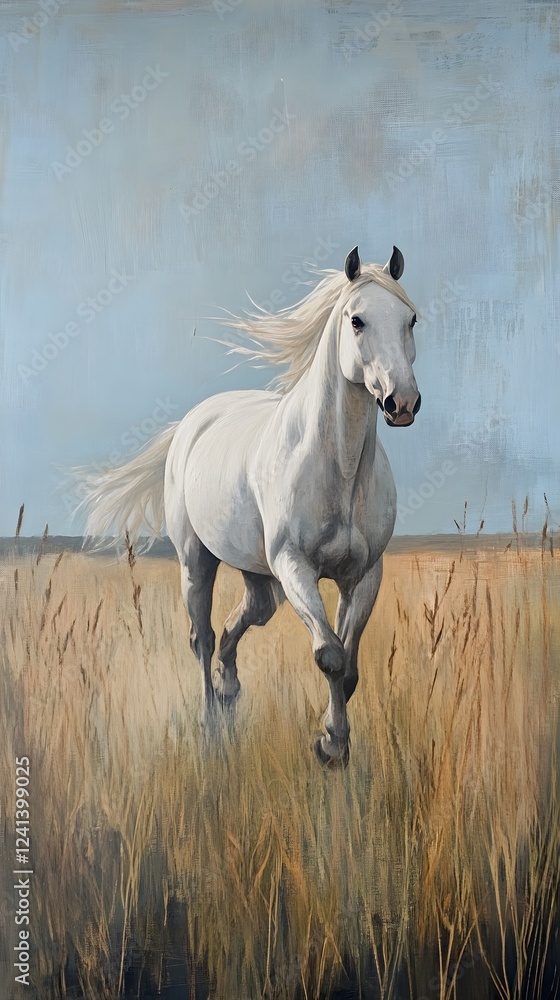 Obraz premium 4. A white horse running through a field of tall grass, under a pale blue sky