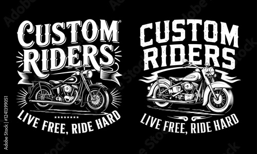Custom Riders T-Shirt Design - Bold Graphic Featuring Classic Motorcycles and Motivational Slogan to Live Free and Ride Hard, Perfect for Motorcycle Enthusiasts and Bikers