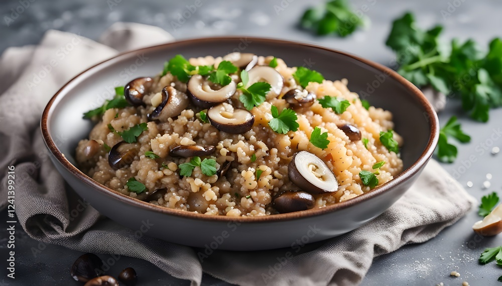 Quinoa stewed with mushrooms, onions, garlic, and parsley in a plate on a gray concrete table close-up. Delicious and healthy vegetarian food. Quinoa with champignons. Quinoa stewed with mushrooms, onions, garlic, and parsley in a plate on a gray concrete table close-up. Delicious and healthy vegetarian food. Quinoa with champignons.