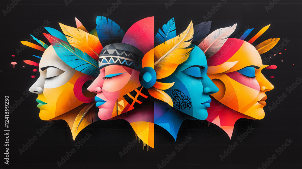 Obraz premium Vibrant street art mural featuring multiple colorful faces with intricate details and feather motifs, showcasing artistic expression and cultural themes