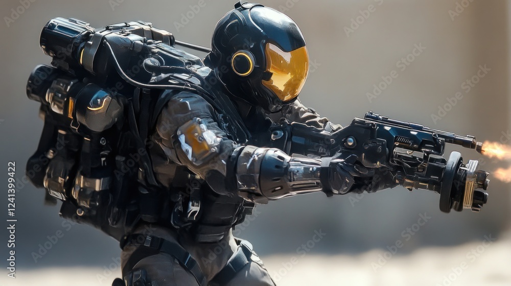 Fototapeta premium Futuristic Soldier in Action: Jetpack and Advanced Weaponry