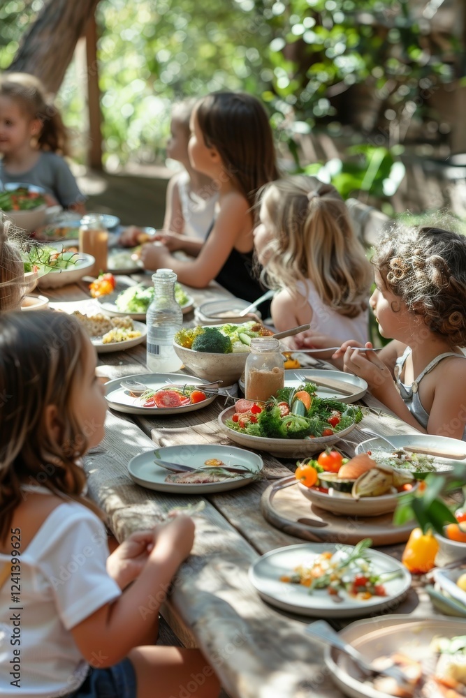 small plates of organic food in front of children at a neatly set table. Selective focus. small plates of organic food in front of children at a neatly set table. Selective focus.