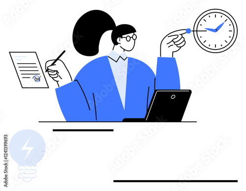 Woman multitasking with laptop, contract, and clock, symbolizing productivity, focus, and time efficiency. Ideal for business, planning, time management productivity deadlines organization