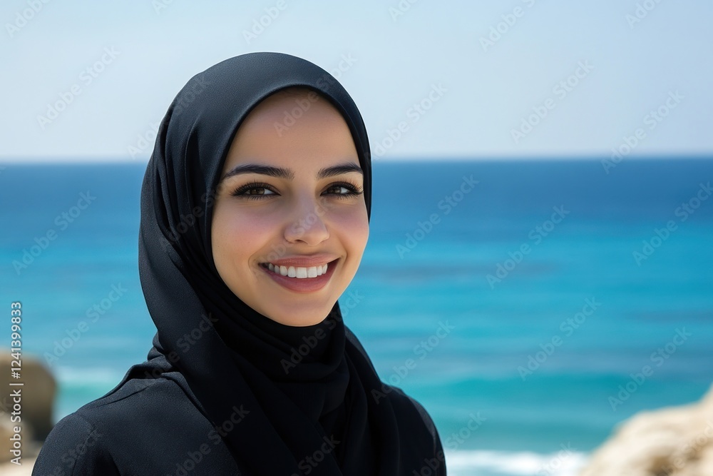 Smiling Woman in Hijab by the Ocean Smiling Woman in Hijab by the Ocean