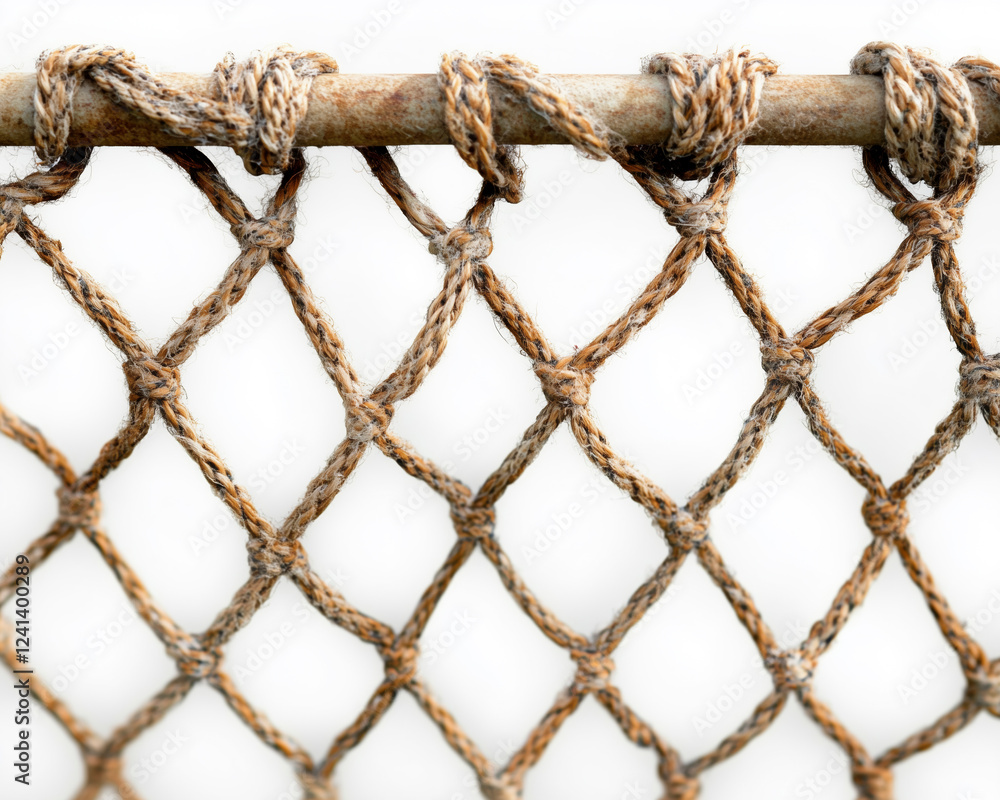 Close-up of a fishing net, focusing on the unique weaving patterns against white. Close-up of a fishing net, focusing on the unique weaving patterns against white.
