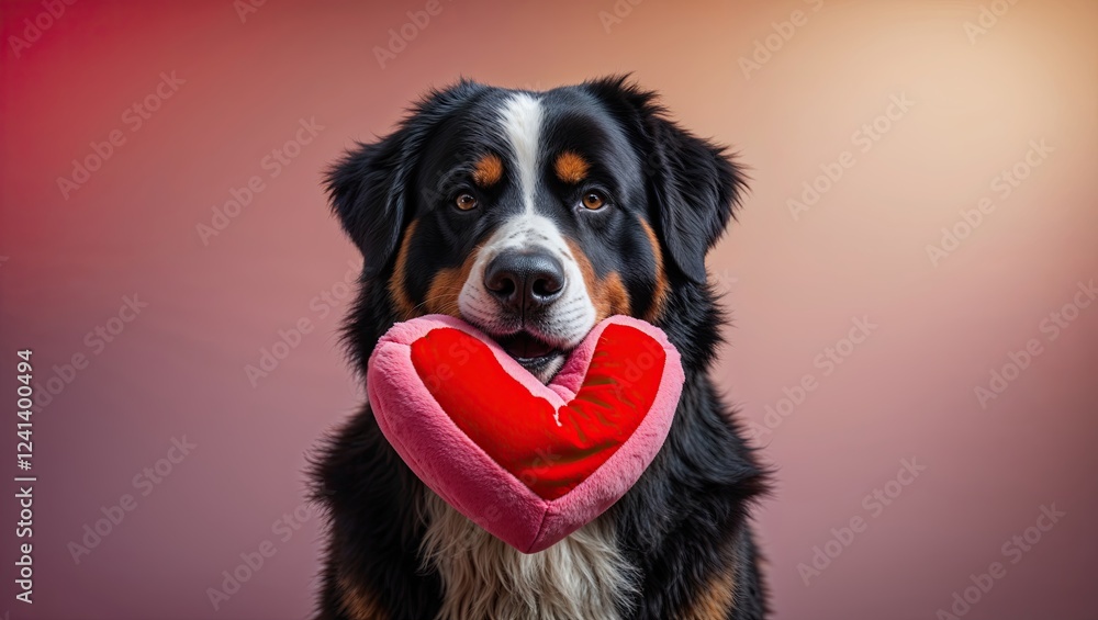 Adorable Bernese Mountain Dog Holding Heart-Shaped Pillow in Studio Adorable Bernese Mountain Dog Holding Heart-Shaped Pillow in Studio