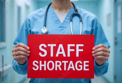 Healthcare worker in scrubs holding a red sign indicating staff shortage in a medical facility. Health workforce shortage, health human resources (HHR) crisis