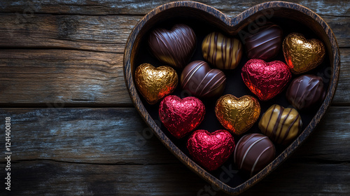 Heart-shaped chocolate assortment in a wooden box. Valentine’s gift 