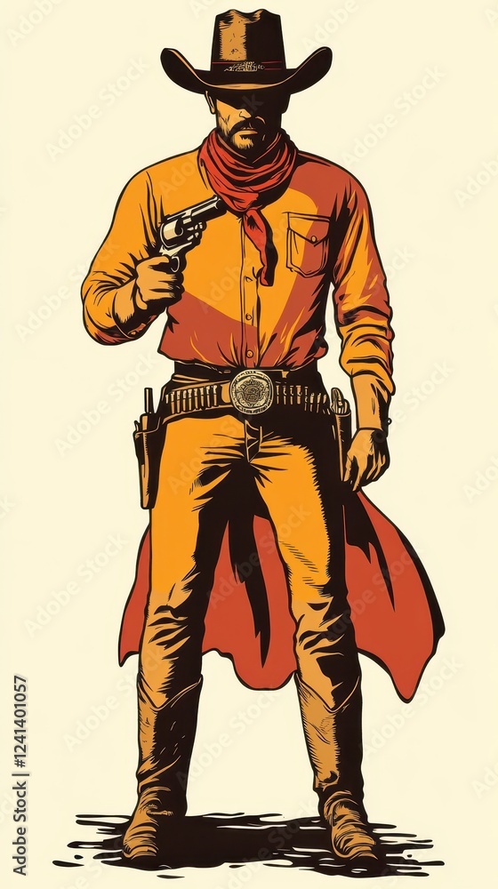 Obraz premium Wild West cowboy with a lasso and revolver in hand, ready for action, showcasing the rugged spirit and frontier lifestyle of the American cowboy in a Western setting.