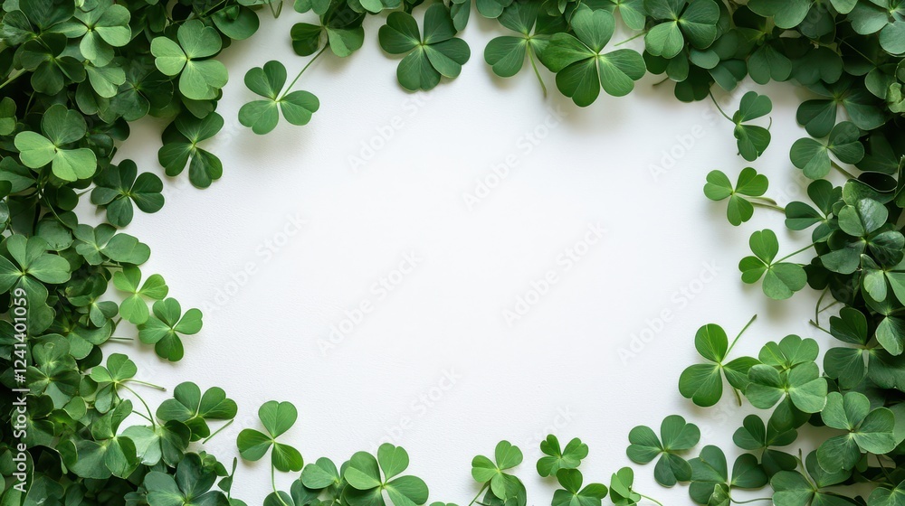 Charming Natural Border of Clover Leaves Creating an Elegant Frame on a Fresh White Background for Creative Projects Charming Natural Border of Clover Leaves Creating an Elegant Frame on a Fresh White Background for Creative Projects