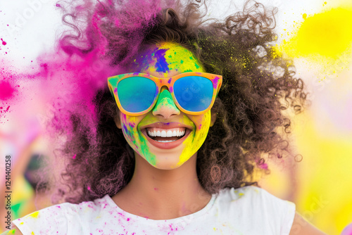 A joyful young woman with curly hair, wearing a yellow t-shirt and sunglasses, celebrates Holi Festival covered in colorful powder. Perfect for festive, carefree, or vibrant cultural themes photo