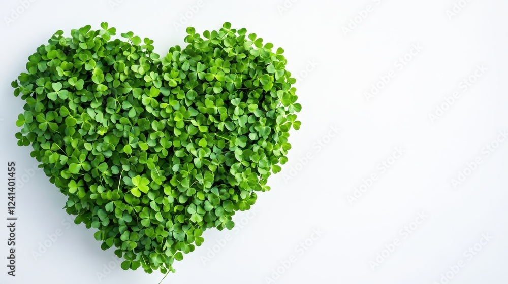 Heart Shaped Arrangement of Bright Green Clover Leaves on White Background Heart Shaped Arrangement of Bright Green Clover Leaves on White Background