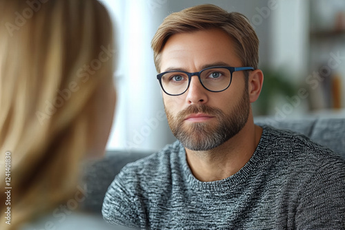 man with glasses and beard listens attentively during conversation, showcasing thoughtful expression in cozy indoor setting