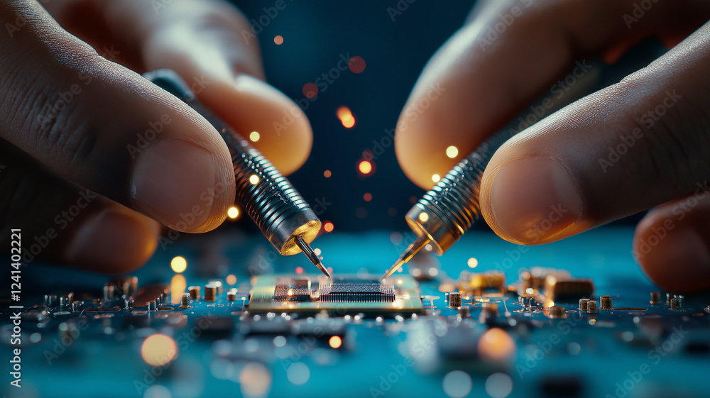 Close up of hands working on circuit board with tools, showcasing precision and focus. Sparks and details highlight intricate process of electronics repair Close up of hands working on circuit board with tools, showcasing precision and focus. Sparks and details highlight intricate process of electronics repair