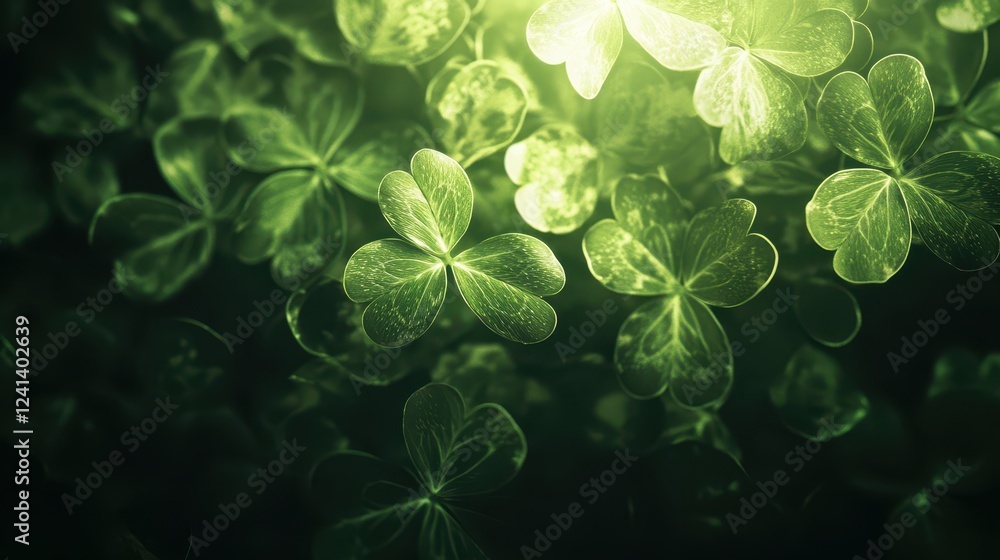 Soft Glowing Light Illuminating Fresh Clover Leaves in an Enchanted Green Environment