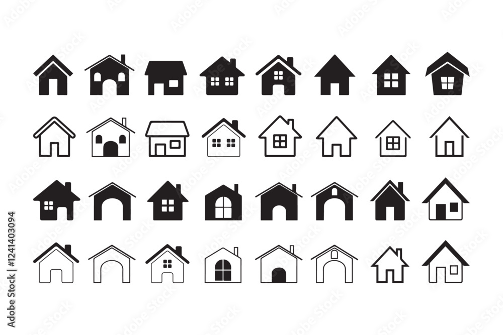 Fototapeta premium Collection home icons. House symbol. Set of real estate objects and houses black icons isolated on white background. Vector illustration.