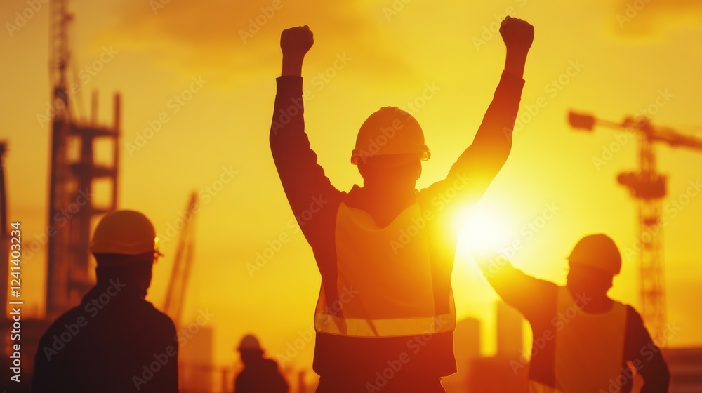Fototapeta premium Workers Raising Hands in Urban Solidarity at Sunset
