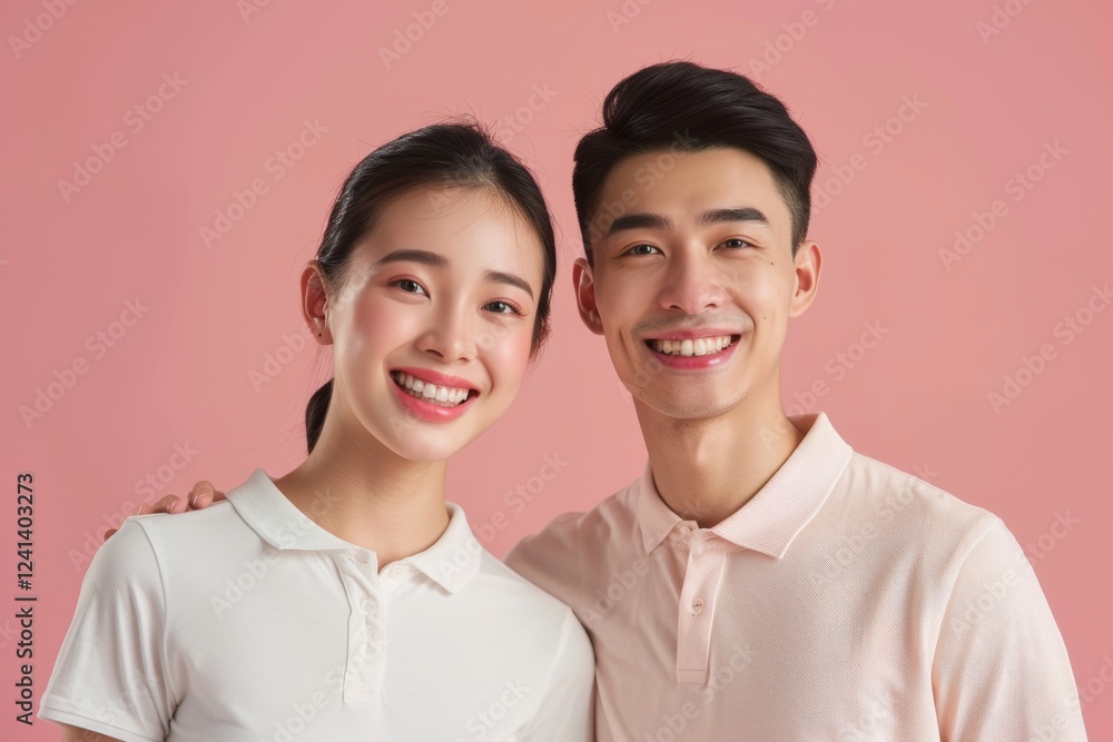 Portrait of a jovial asian couple in their 20s donning a classy polo shirt isolated on soft pink background Portrait of a jovial asian couple in their 20s donning a classy polo shirt isolated on soft pink background