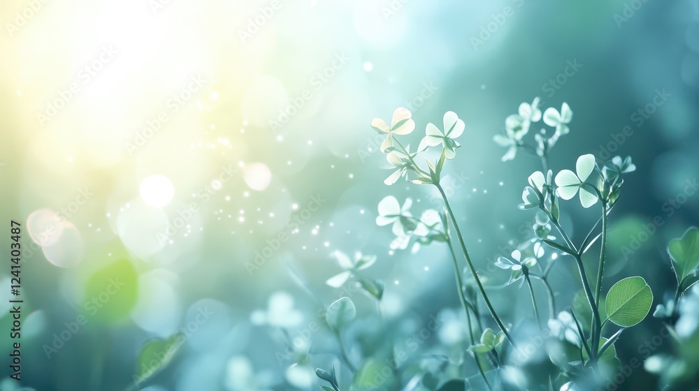 Fototapeta premium Delicate Fresh Clover Leaves Bathed in Gentle Light Flares Creating a Natural Serene Atmosphere
