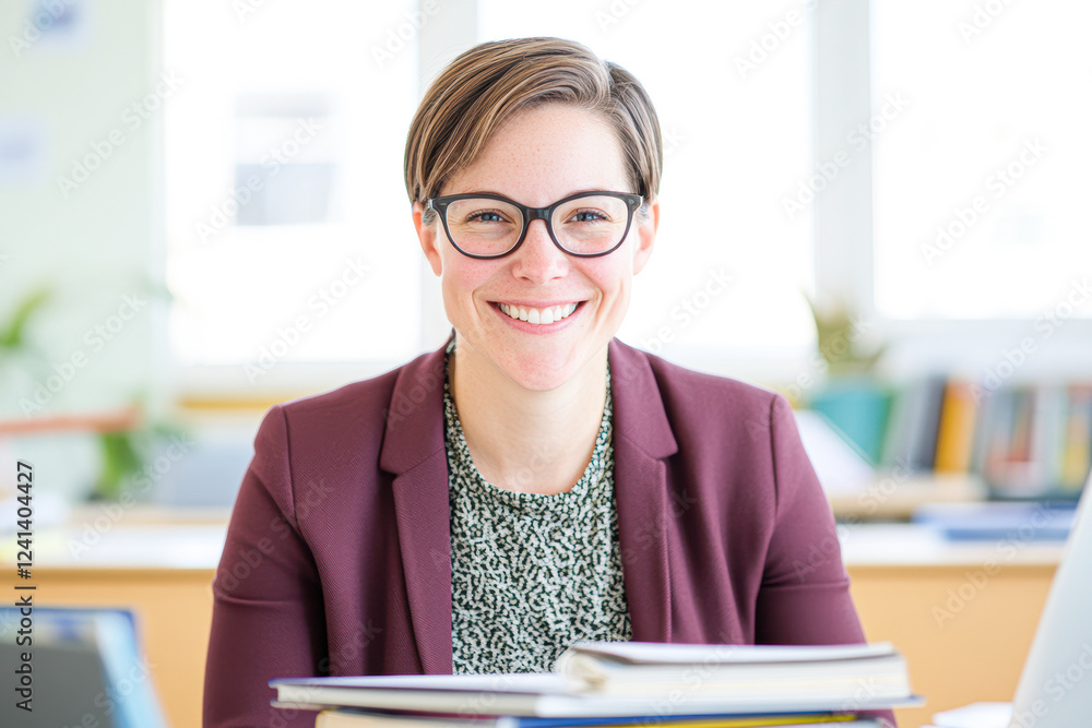 Smiling professional woman in a bright and engaging office portrait Smiling professional woman in a bright and engaging office portrait