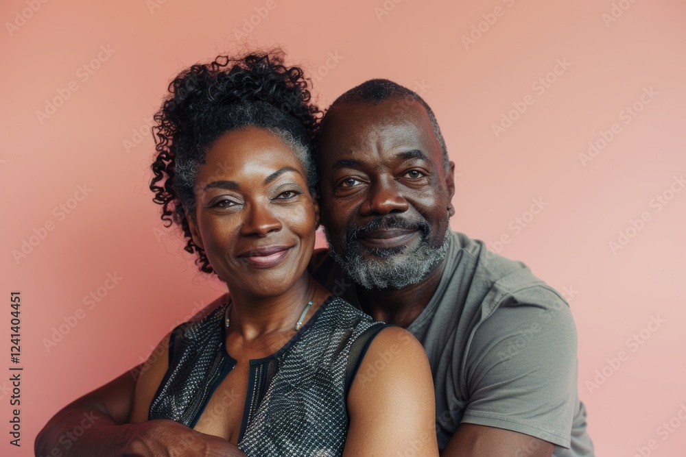 Portrait of a glad afro-american couple in their 40s dressed in a breathable mesh vest isolated on soft pink background Portrait of a glad afro-american couple in their 40s dressed in a breathable mesh vest isolated on soft pink background