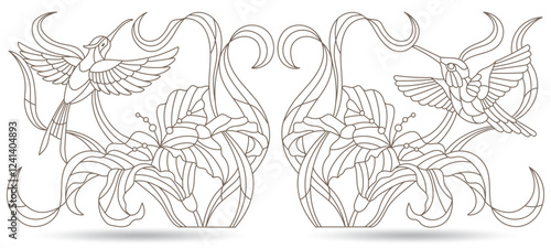 A set of contour illustrations of stained glass Windows with hummingbirds and lilies, dark outlines on a white background