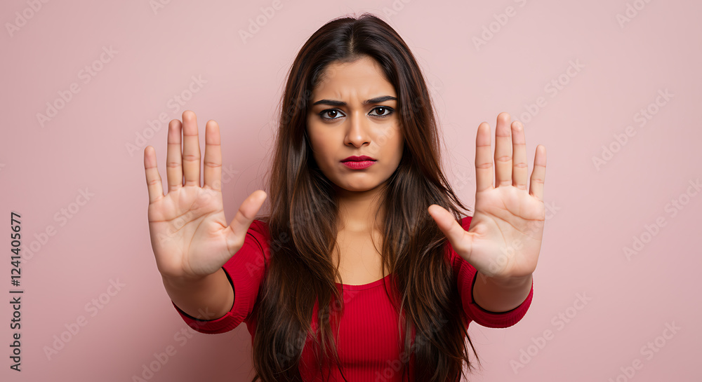 Woman Showing Stop Sign, Studio Portrait Woman Showing Stop Sign, Studio Portrait