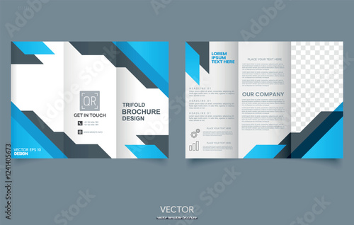 Professional trifold booklet design template in a modern style. An elegant combination of blue, white and gray elements with geometric accents.