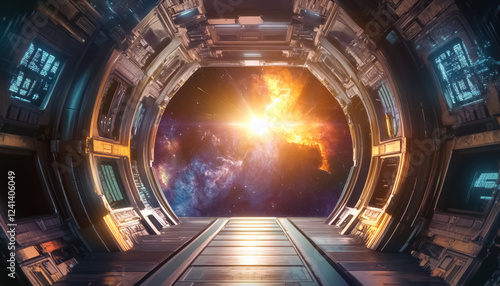 Fototapeta Naklejka Na Ścianę i Meble -  A breathtaking view of a vibrant explosion in space is framed by the sleek interior of a futuristic space station, showcasing cosmic colors and beauty