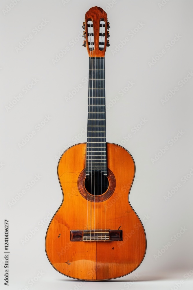 Obraz premium A guitar placed on a white background, symbolizing music as a personal passion and an enjoyable hobby to explore.