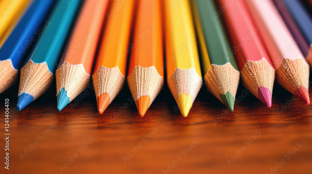 Close up of colorful sharpened pencils arranged on a wooden surface Close up of colorful sharpened pencils arranged on a wooden surface