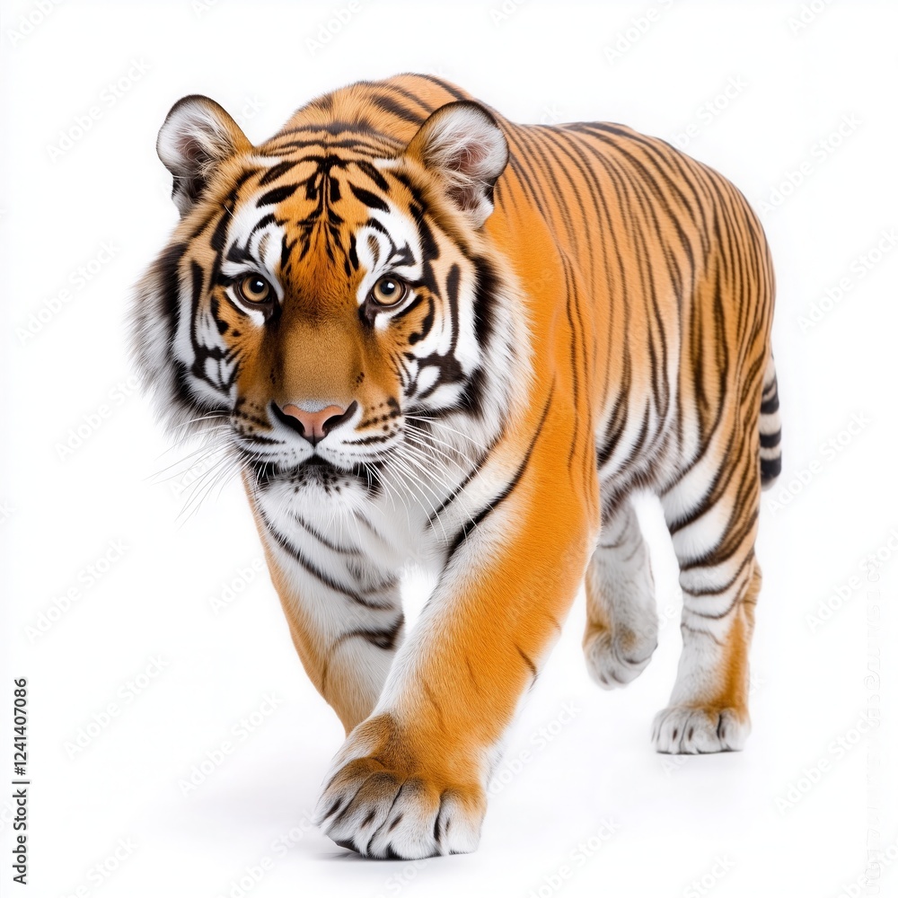 Fototapeta premium Majestic Bengal tiger walking confidently against a white background