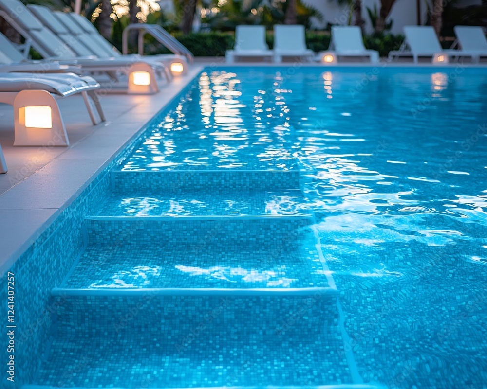 Obraz premium Resort pool steps at dusk, tranquil scene