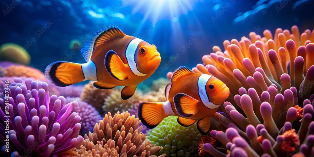 Vibrant marine life showcases two clownfish swimming amidst a colorful coral reef, bathed in sunlight. Vibrant marine life showcases two clownfish swimming amidst a colorful coral reef, bathed in sunlight.