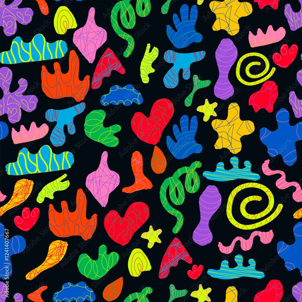 Seamless pattern with colorful abstract shapes in retro style. Hand drawn figures. Flat vector illustration. Seamless pattern with colorful abstract shapes in retro style. Hand drawn figures. Flat vector illustration.