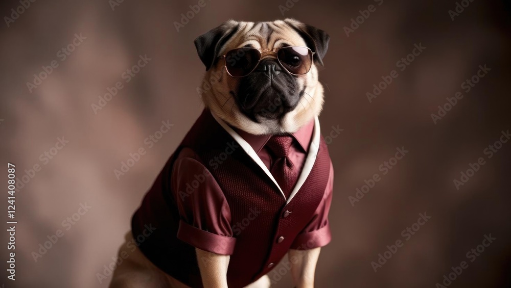 A stylish pug wearing sunglasses and a formal outfit for a fun and playful photoshoot. A stylish pug wearing sunglasses and a formal outfit for a fun and playful photoshoot.